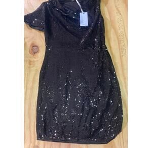 Grace Karin Size M Black Sequins One Shoulder Party Dress Short Sleeve